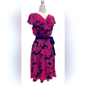 Pink and Black Ruffled Midi Dress